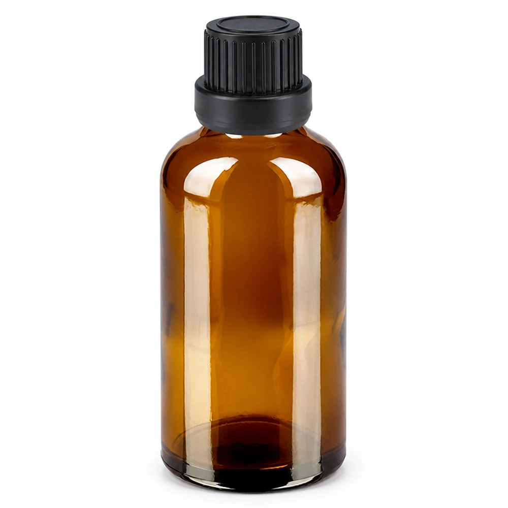 50 ml droppflaska i bärnstensfärgat glas med svart lock för eteriska oljor och kosmetika
