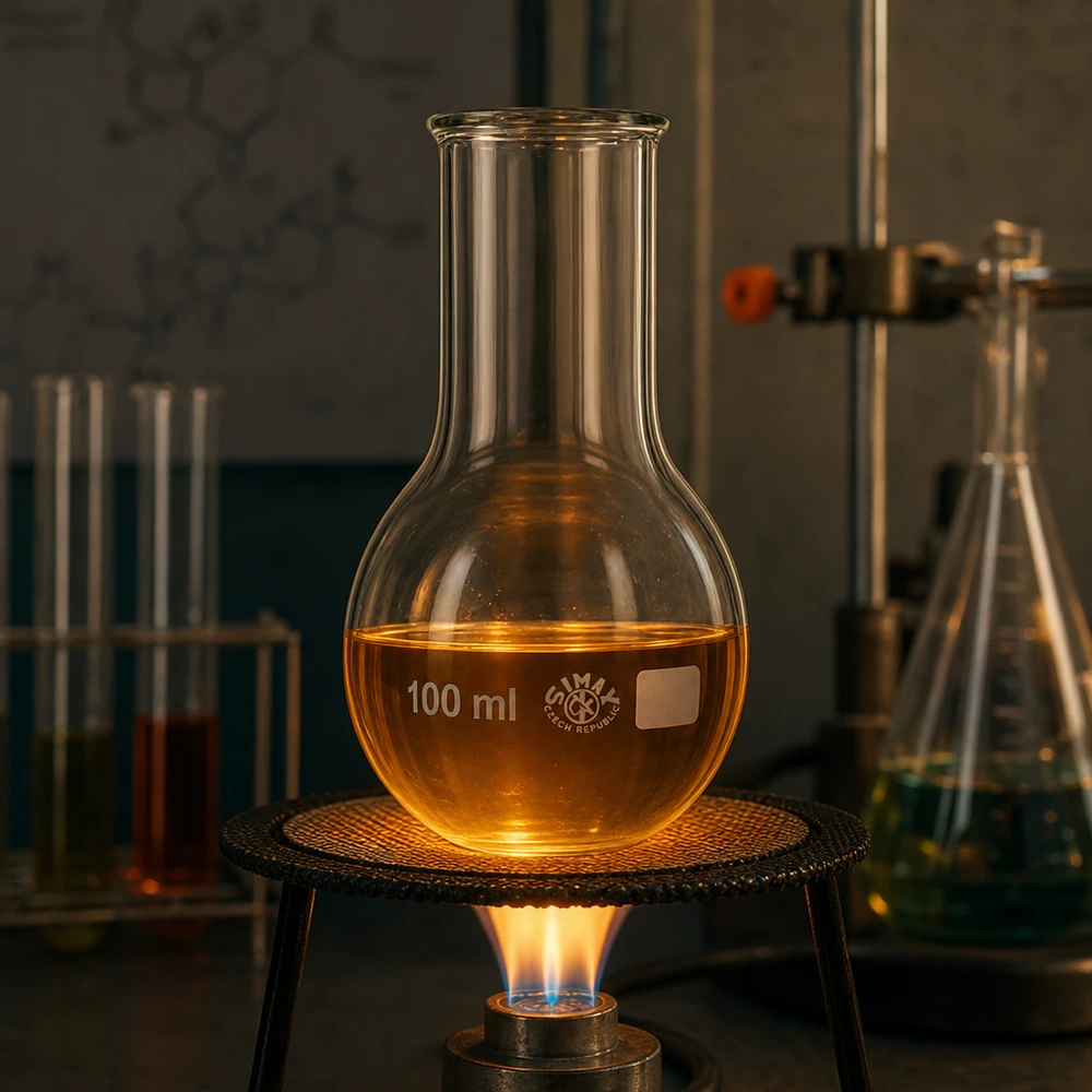 100 ml kolv med rund botten och bred hals på laboratorievärmare för kontrollerad temperaturreglering