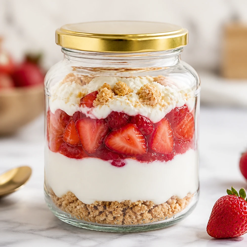 370 ml oval burk med gyllene BasicSeal-lock UNiTWIST fylld med jordgubbsdessert lagrad dessert i en förvaringsburk