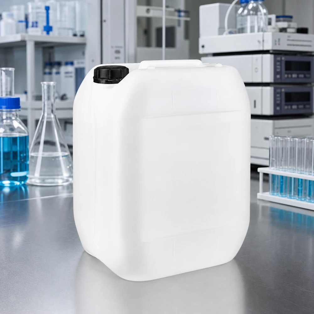 Dunk 10 liter med manipulationsskyddat skruvlock Rektangulär 10-litersdunk av vit polyeten med svart lock med yta i rostfritt stål