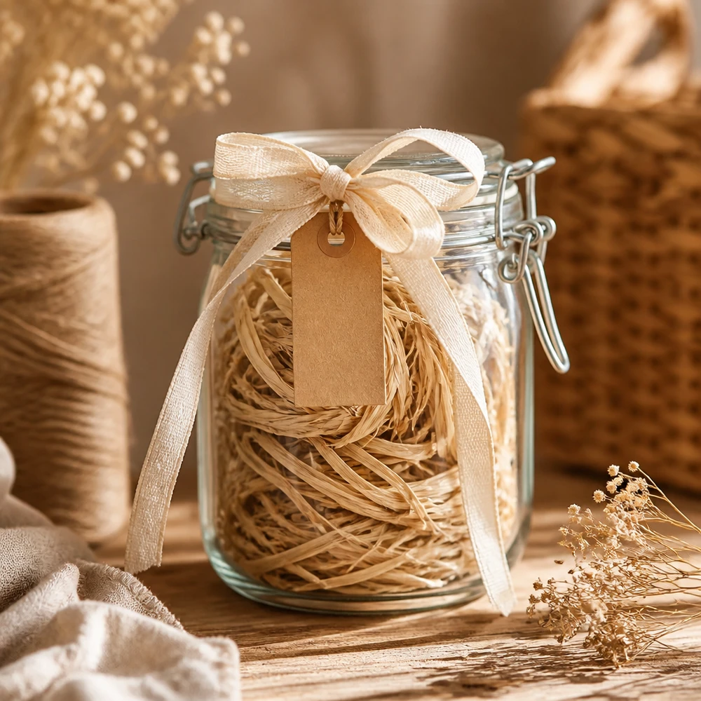 Naturlig raffia 30 g i en konserveringsburk med band och etikett som en presentidé för kreativa hantverksprojekt och dekoration