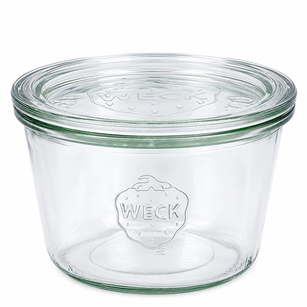 WECK 370 ml masonburk med glaslock RR100 transparent konserveringsburk med relieflogotyp för konservering