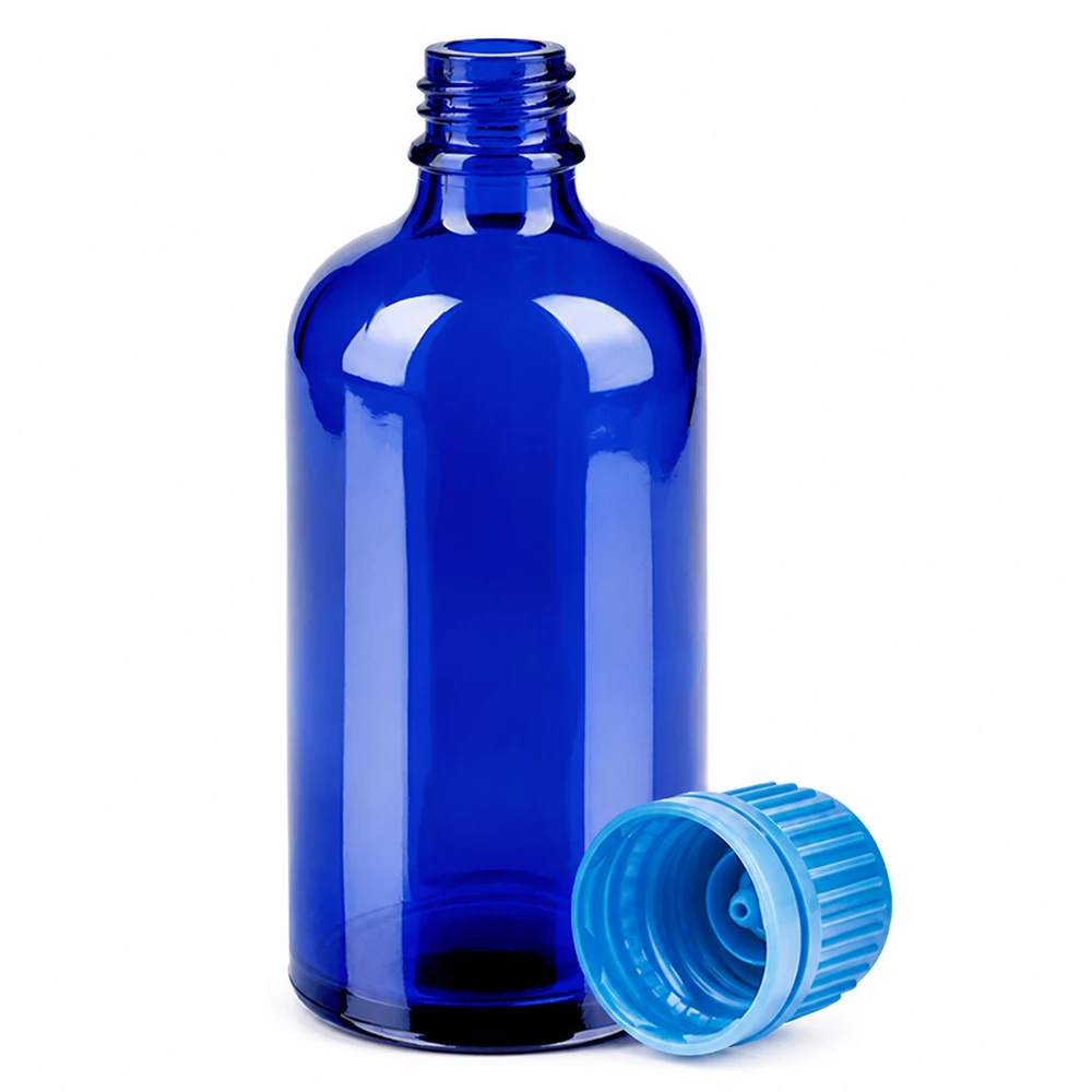 Blå 100 ml glasflaska med UT18-gänga och blått skruvlock för säker förvaring