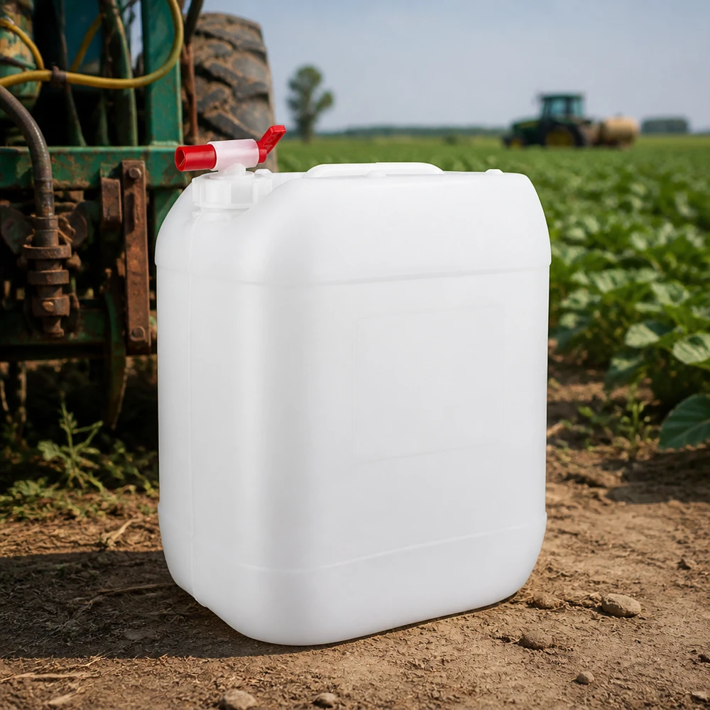 20 liters dunk med avtappningskran Vit plastdunk på 20 liter med röd kran på en åker bredvid en traktor