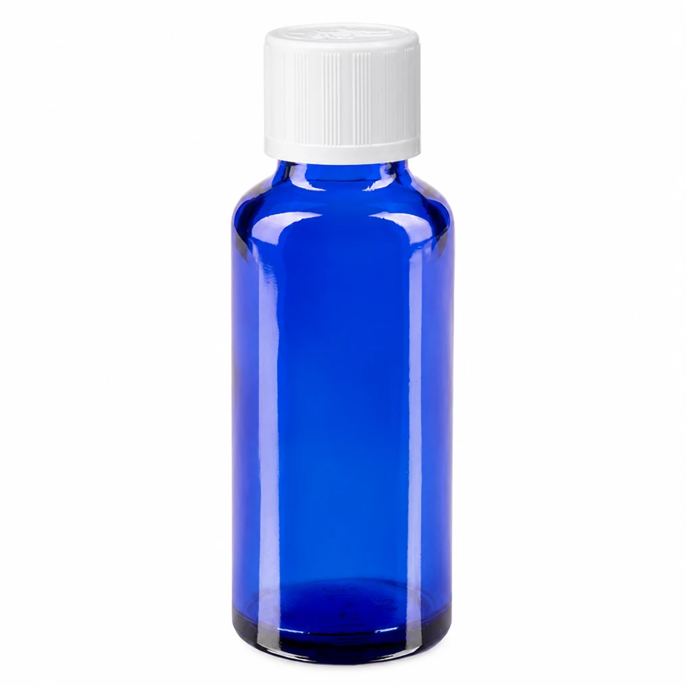 Apoteksflaska blå 30ml droppflaska vit barnskyddande standard 30 ml blå apotekarflaska i glas med vitt barnsäkert lock och 1,2 mm droppinsats