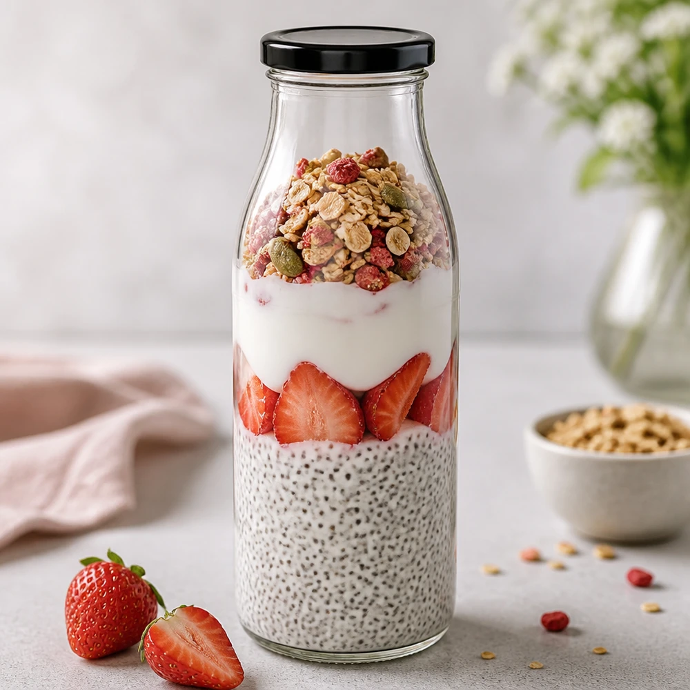 500 ml glasflaska med svart lock för chia pudding med jordgubbar och müsli overnight oats frukost