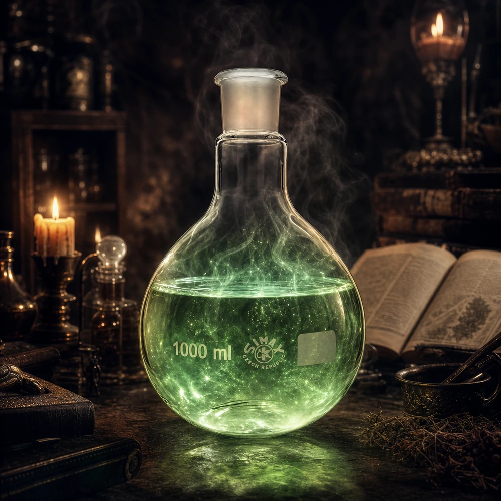 Höftkolv 1000ml med standardslipad fog (29/32) Laboratoriekolv 1000ml borosilikatglas med grön substans och ånghalt för experiment