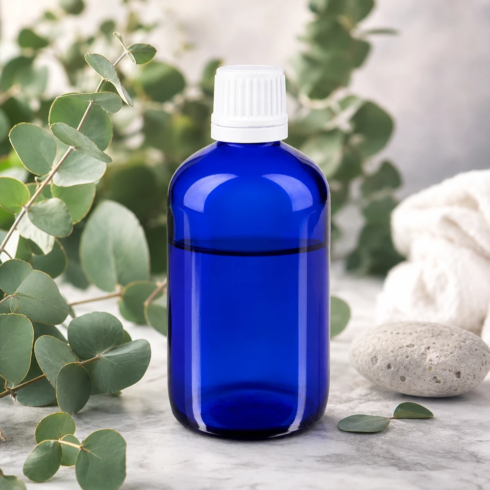 Apoteksflaska blå 20ml droppflaska vit barnskyddande standard Blå droppflaska på 20 ml av apotekerglas med vit KiSi-kork på marmor med eukalyptus