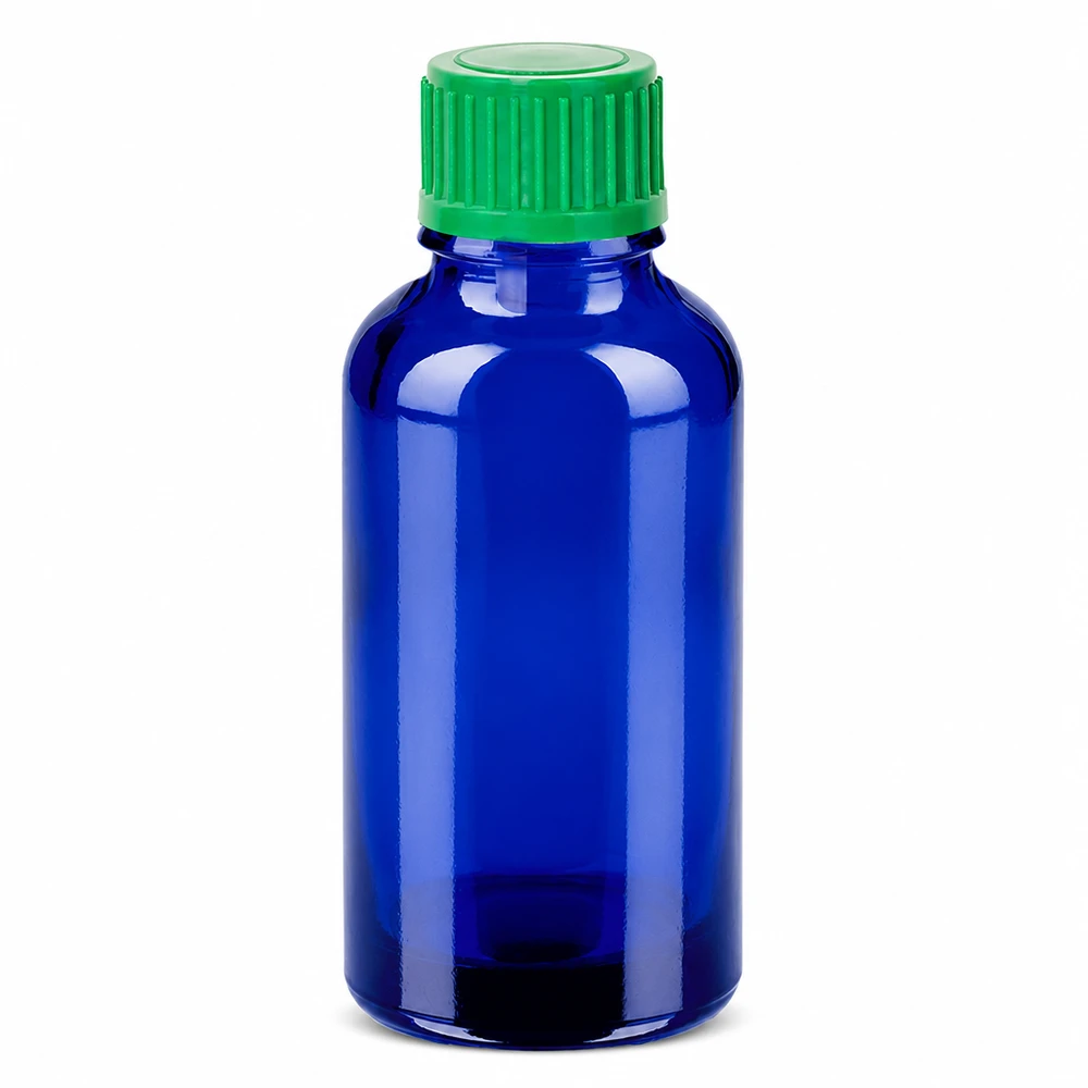 Blå 30 ml droppflaska av glas med grönt lock för exakt dosering
