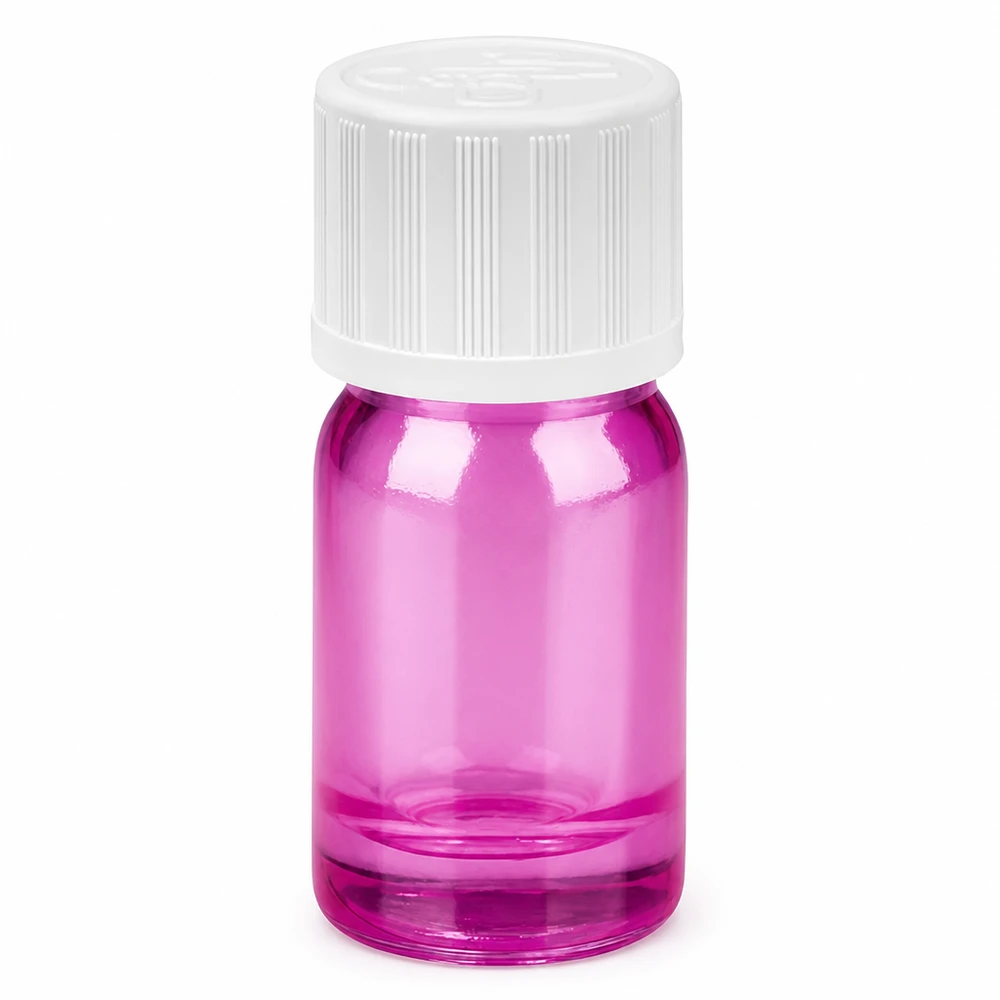 5 ml droppflaska, lila transparent med vitt lock för exakt dosering