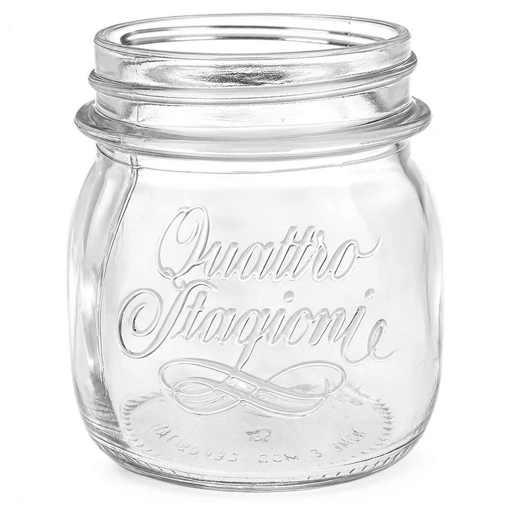 250ml runt glas "Quattro Stagioni" QS70mm 250 ml Quattro Stagioni konserveringsburk av klarglas med präglad logotyp utan lock för konservering och förvaring