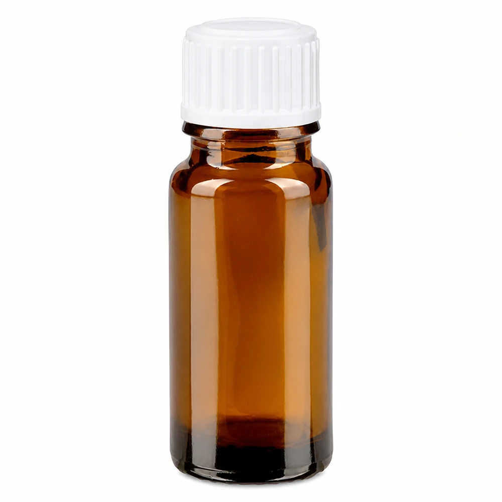 Apoteksflaska brun 10ml skruvkork vit standard 10 ml brun apotekarflaska i glas med vitt skruvlock, 11 mm standard