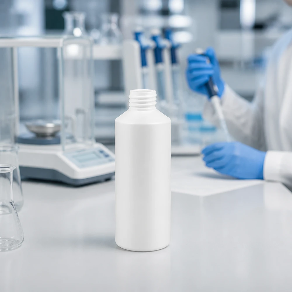 Apoteksflaska HDPE 100ml vit, utan lock Vit plastflaska utan lock, 100 ml, HDPE, på en vit laboratoriebänkskiva