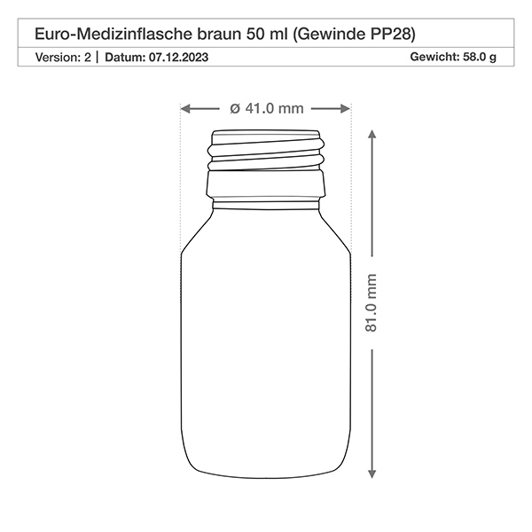 50 ml medicinflaska brun, med guldfärgat aluminiumlock ApoGlas Robuste Braunglasflasche 50ml mit weiter Flaschenöffnung PP28 ideal für Pulver und Granulate