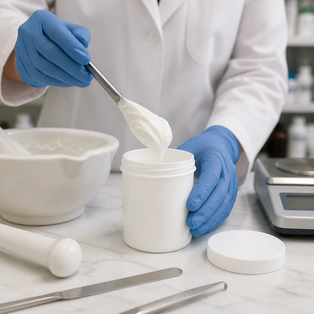 Farmaceutisk fyllning av en vit 30 g salvorburk med skruvlock, utförd av en laboratorieassistent med skyddshandskar