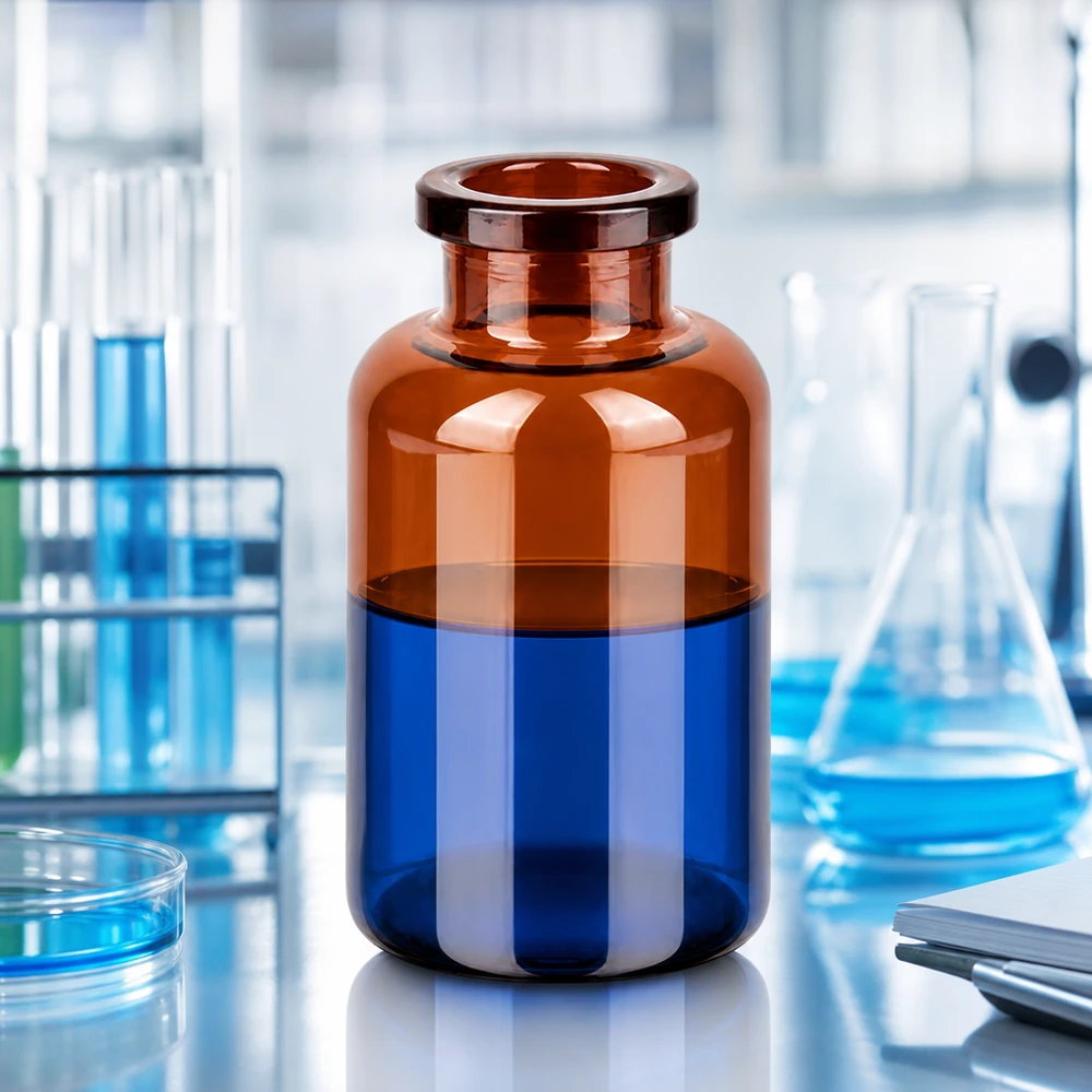 Injektionsflaska av bärnstensfärgat glas 20ml Kompakte Braunglas Injektionsflasche 20ml mit weitem Hals auf Labortisch