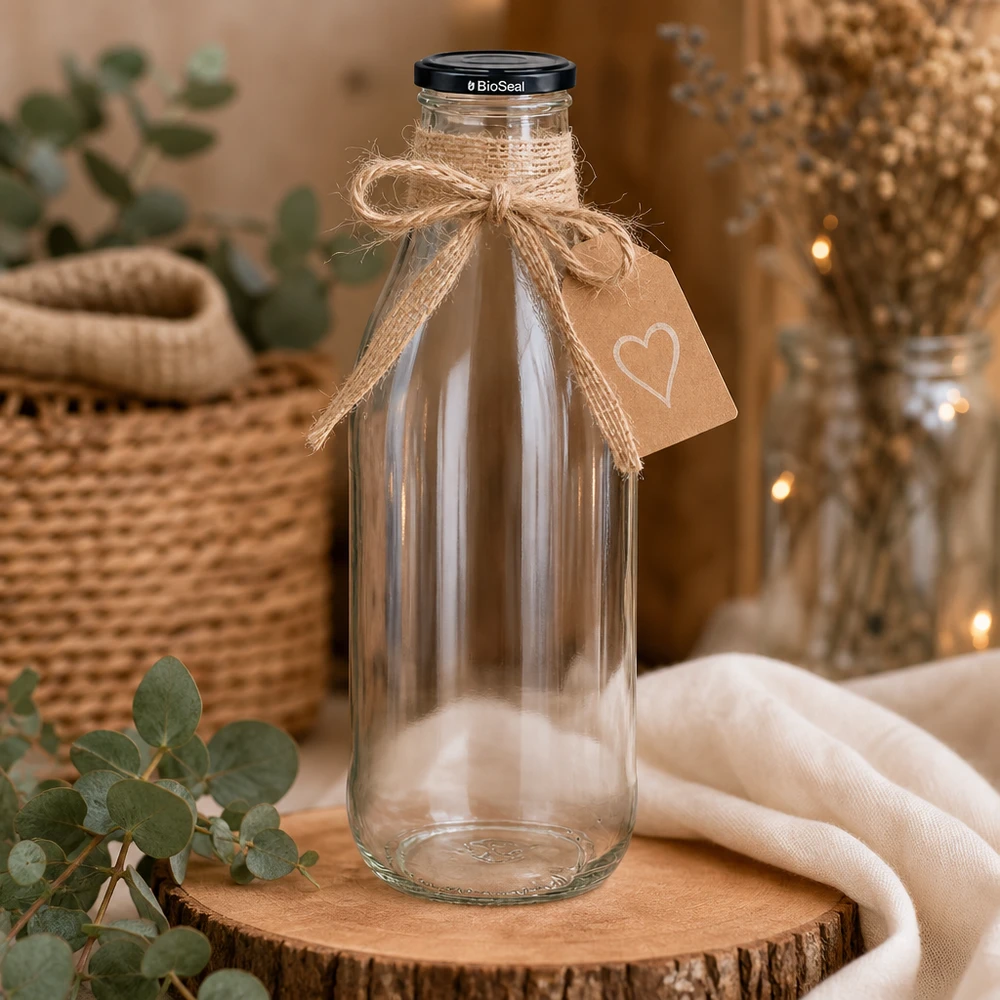 1000 ml glasflaska + BioSeal-lock svart UNiTWIST 1000 ml glasflaska BioSeal lock på träskiva dekorerad jutebåge hjärta hänge rustik dekoration hållbar