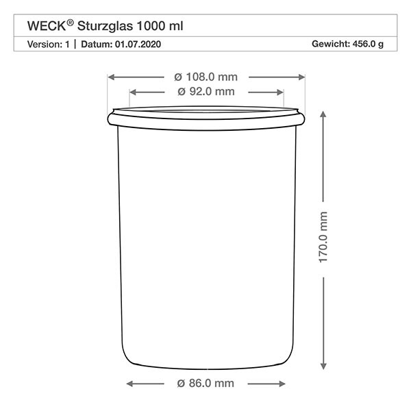 1000 ml burk WECK RR100 Teknisk ritning WECK dricksglas 1000ml RR100 med måtten Diameter 108mm 92mm 86mm Höjd 170mm Specifikation