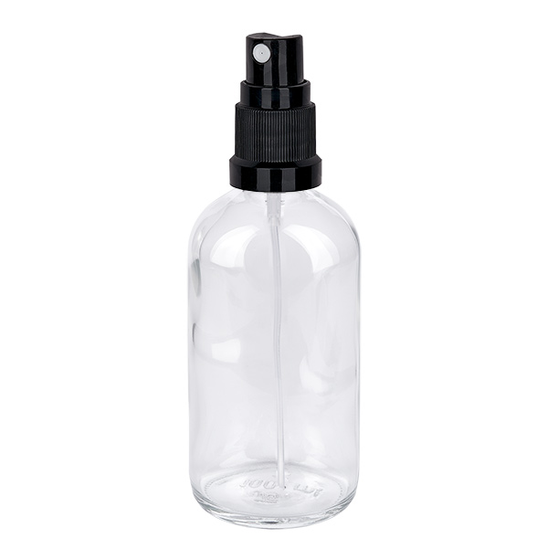 100ml Sprayflaska svart/transparent standardlock ClearLine UT18/100 100 ml genomskinlig glasflaska med svart pumpfördelare, ClearLine-serien