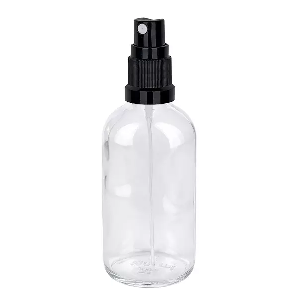 100ml Sprayflaska svart/transparent standardlock ClearLine UT18/100 100 ml genomskinlig glasflaska med svart pumpfördelare, ClearLine-serien