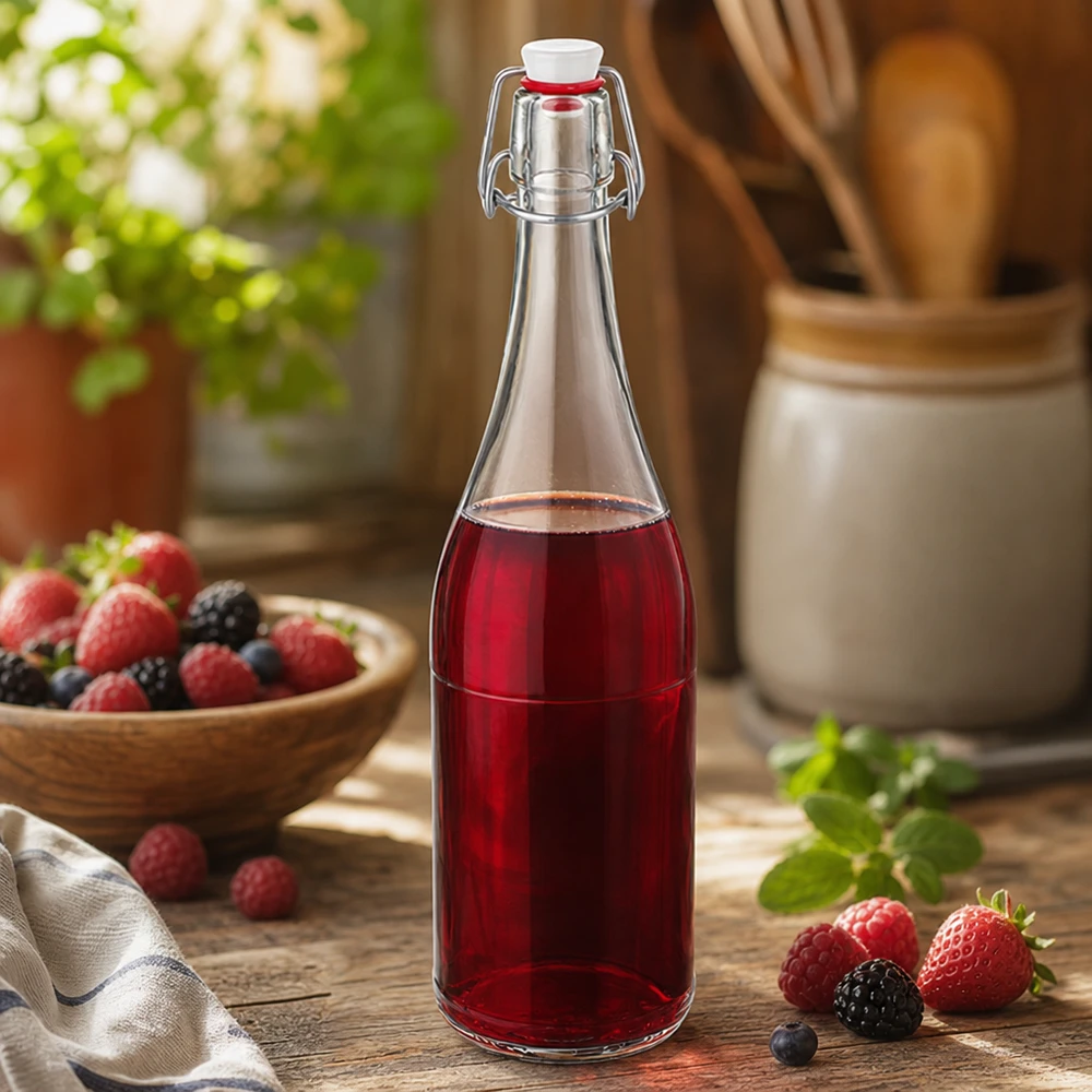 750ml glasflaska + svängbar topp PVC UNiTWIST 750 ml glasflaska med svängbar topp fylld med bärjuice kök stilleben blandade bär fruktdryck rustik