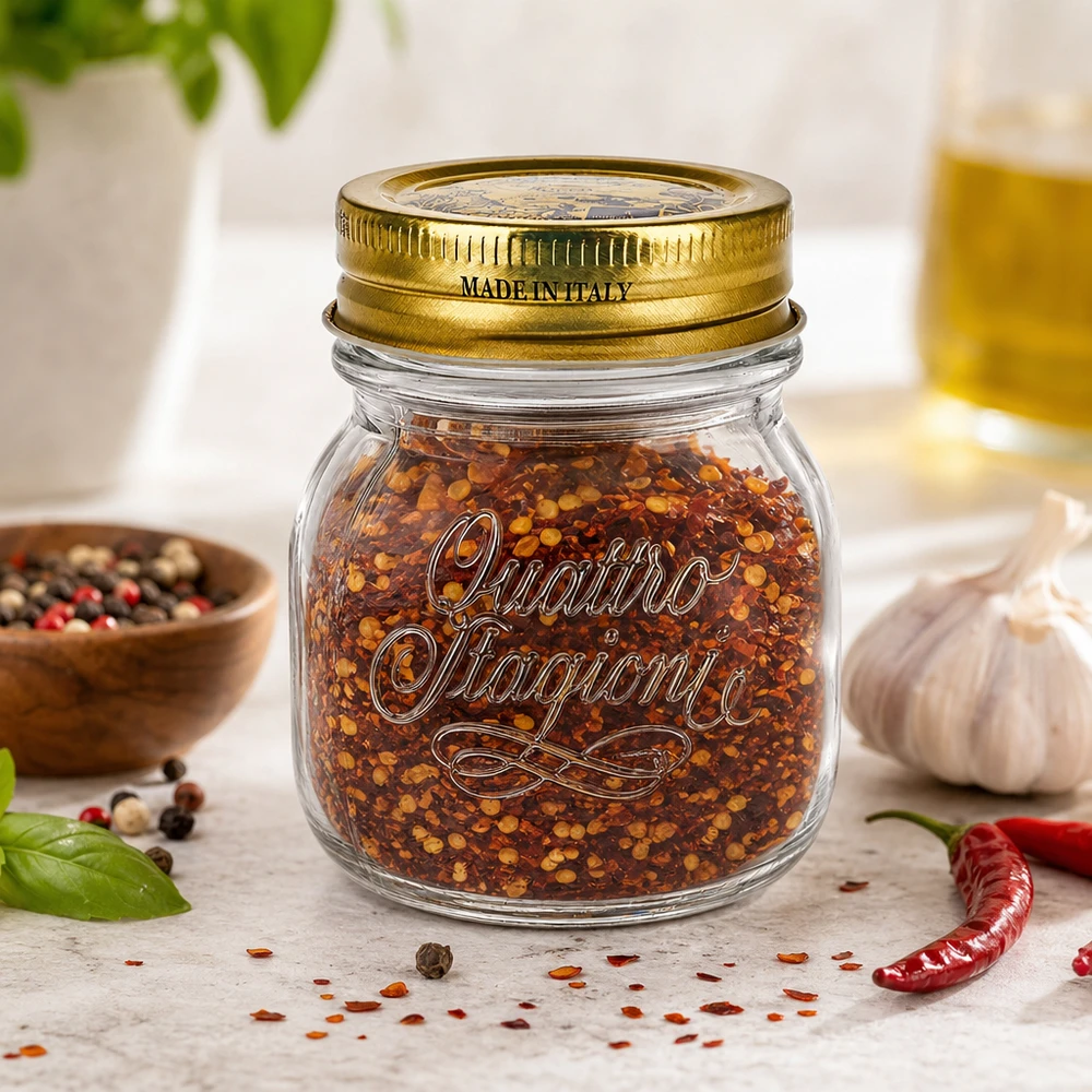 150 ml rund burk "Quattro Stagioni" med lock 150 ml Quattro Stagioni rund burk med gyllene lock fylld med chilikryddblandning Tillverkad i Italien
