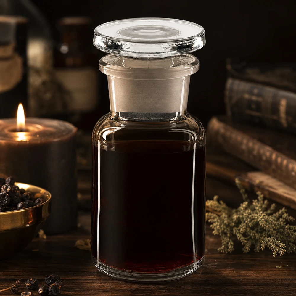 Rund axelflaska 50ml klar glaspropp med bred hals Vintage apotekarflaska, 50 ml, bredhalsad, med mörkrött innehåll och glaspropp i stearinljusets sken