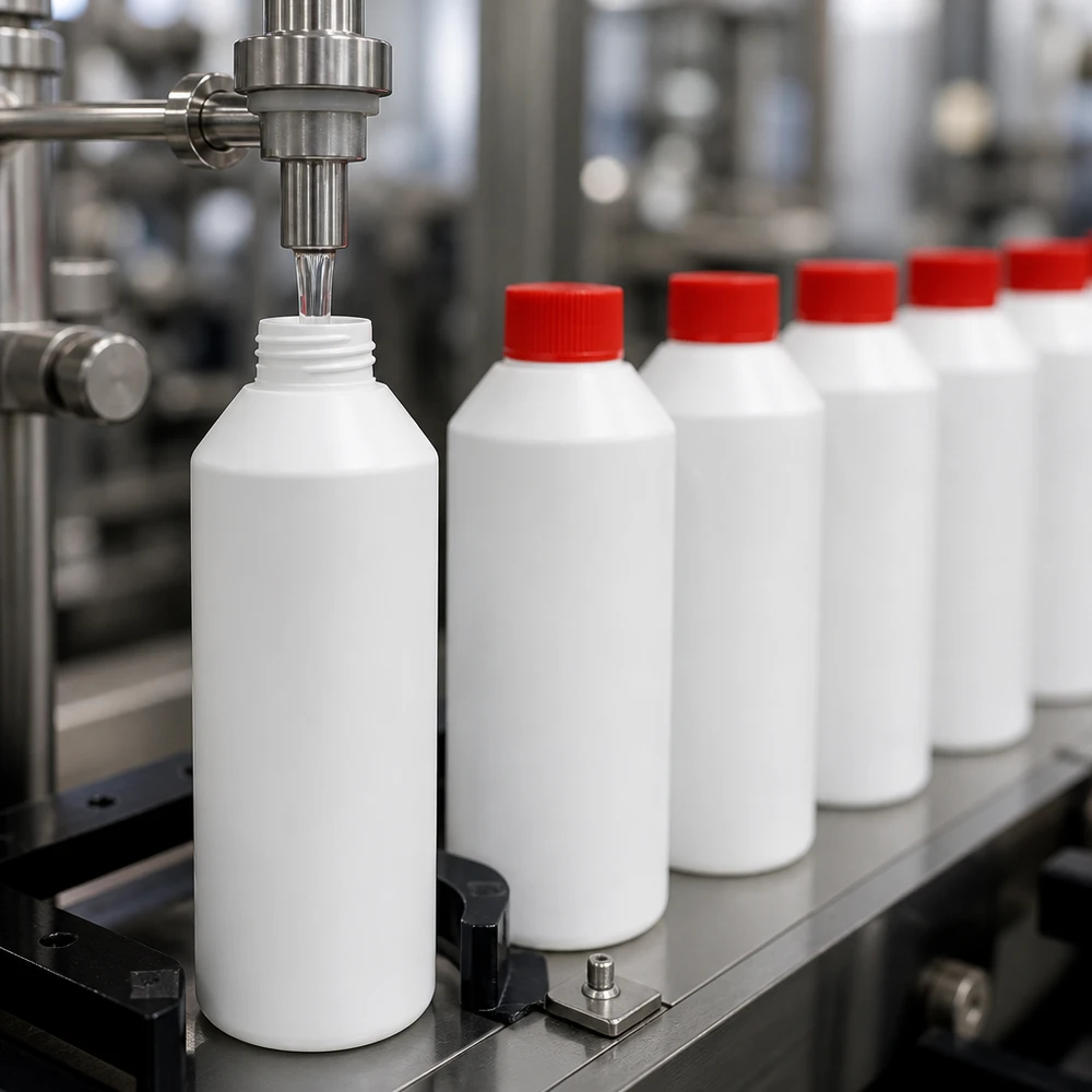 En automatisk tappningsanläggning fyller vita 250 ml HDPE-apotekflaskor med röda skruvlock