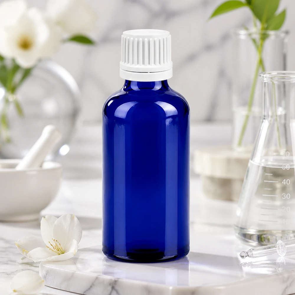 Blå 50 ml glasflaska med vitt 0,7 mm dropplock för eteriska oljor och tinkturer