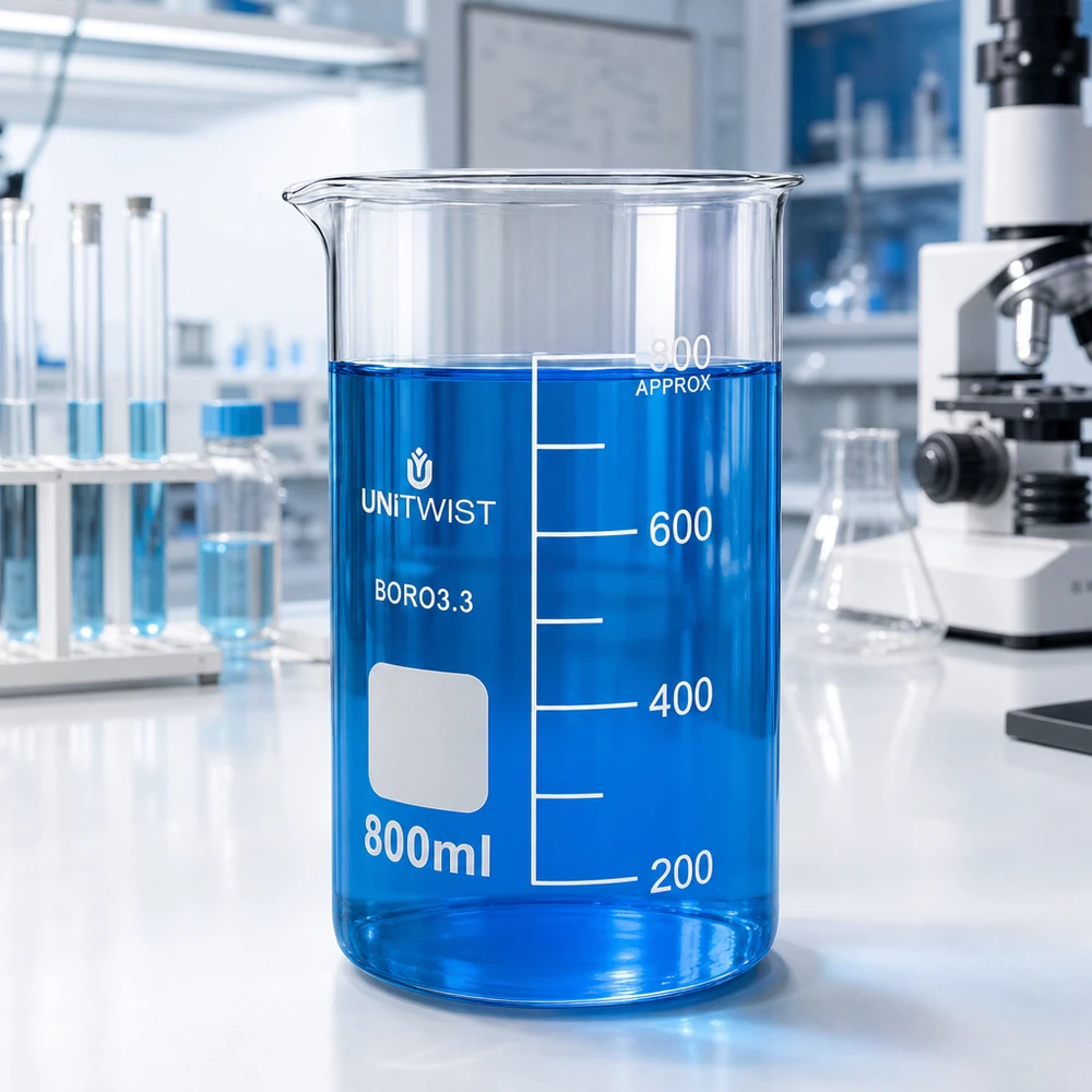Bägare 800ml borosilikat, högformad UNiTWIST UNITWIST laboratoriebägare, 800 ml, hög modell, borosilikatglas med blå vätska på ett vitt laboratoriebord