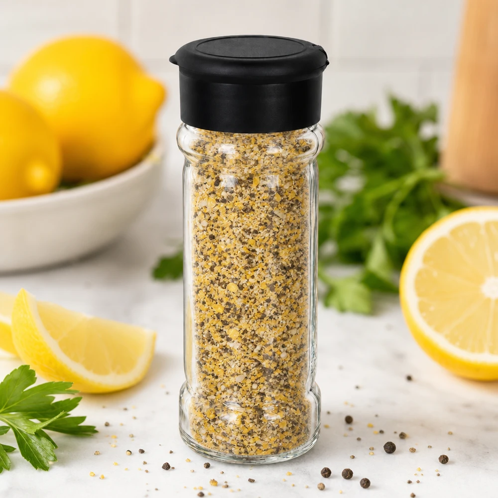 Salt-/kryddburk 100 ml med ströare, svart Kryddburk med citronpeppar, 100 ml, med svart ströare omgiven av färska citroner och persilja