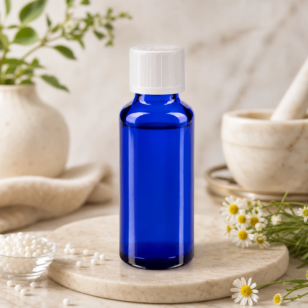 Apoteksflaska blå 30ml skruvkork vit barnsäker standard 30 ml apotekarflaska i blått glas med vitt KiSi-lock, med kamomillblommor och en mortel