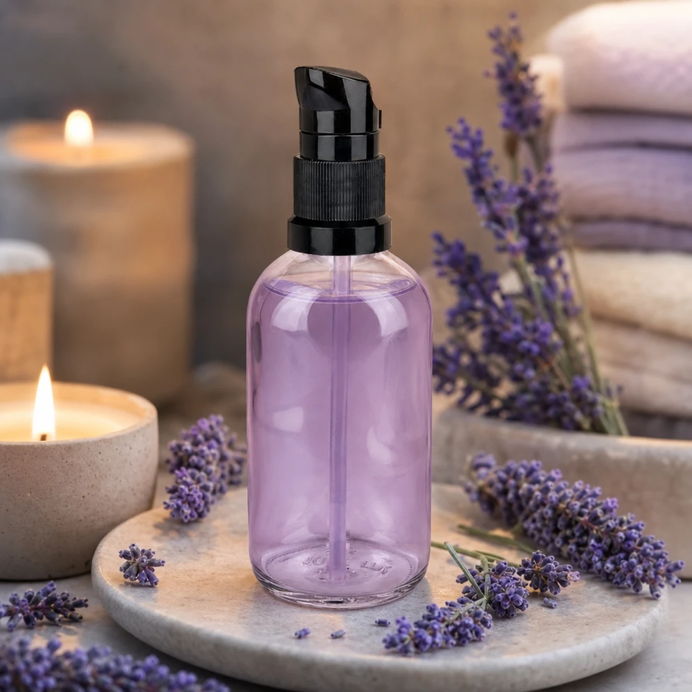 Lavendel-pumpflaska 100 ml, lila, med svart doseringspump, ClearLine UT18 kosmetikflaska