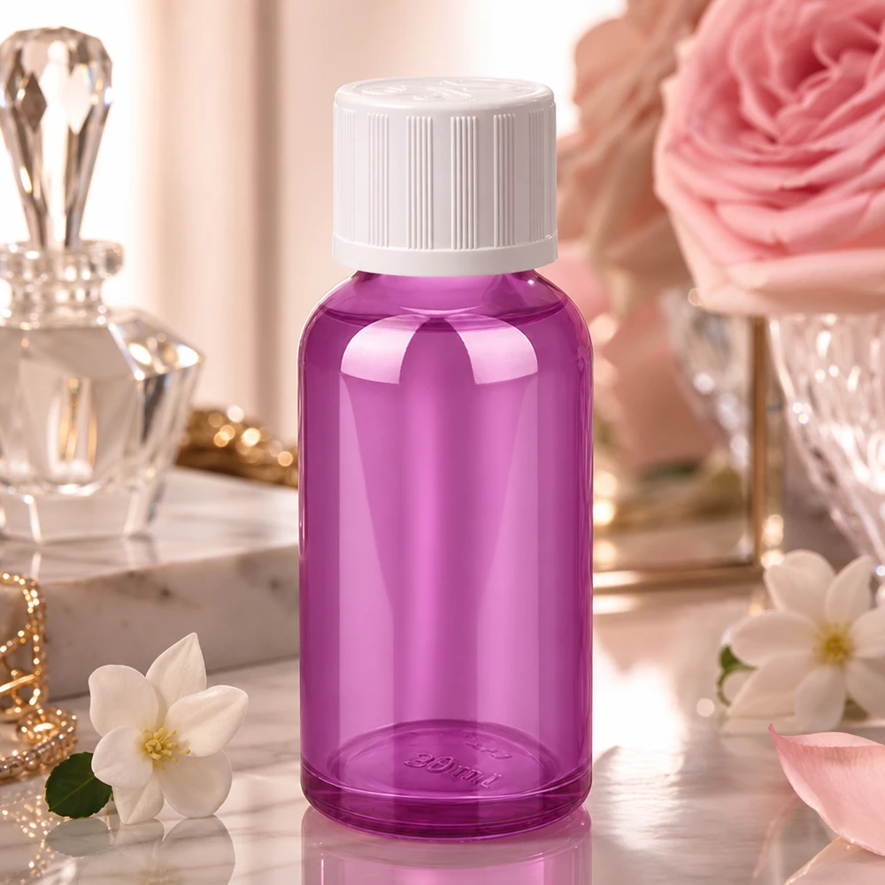 30ml flaska 11mm skruvkork vit standard barnsäker PurpleLine UT18/30 Kompakt 30 ml violett flaska med vit barnsäkerhetslock för säker förvaring