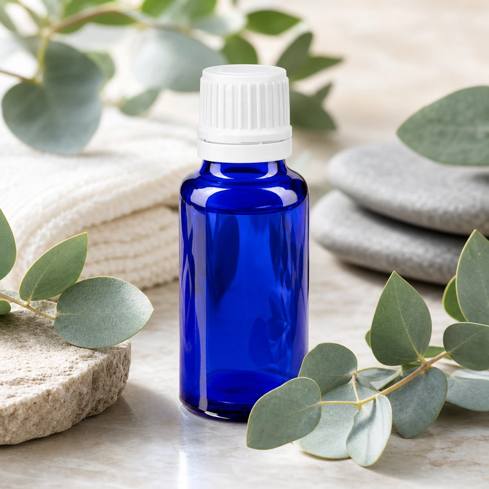 Apoteksflaska blå 20ml skruvkork vit med säkerhetsförslutning Koboltblå 20 ml apotekarflaska med vit OV-förslutning bland eukalyptusgrenar på marmor