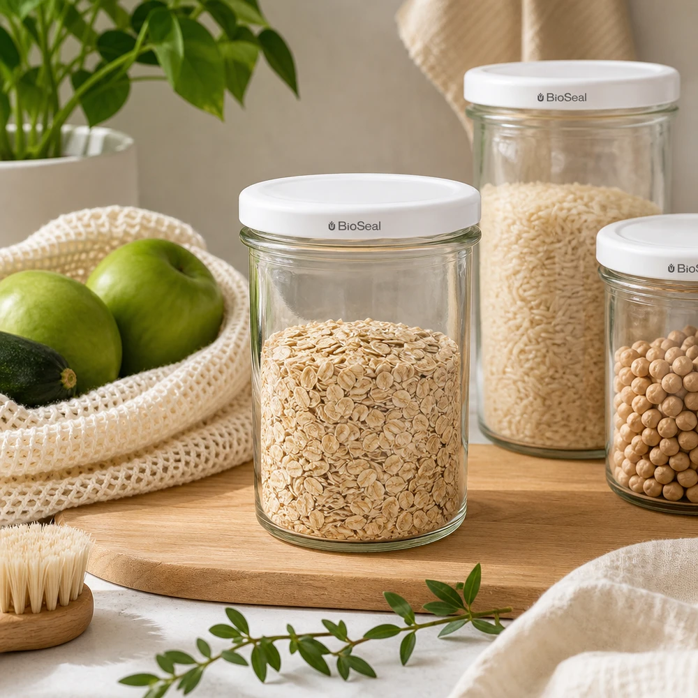 350 ml Krossade glasögon med vitt BioSeal-lock UNiTWIST UNiTWIST Sturz350 Vorratsgläser mit TO82 BioSeal in nachhaltiger Zero-Waste Küche für plastikfreie Aufbewahrung