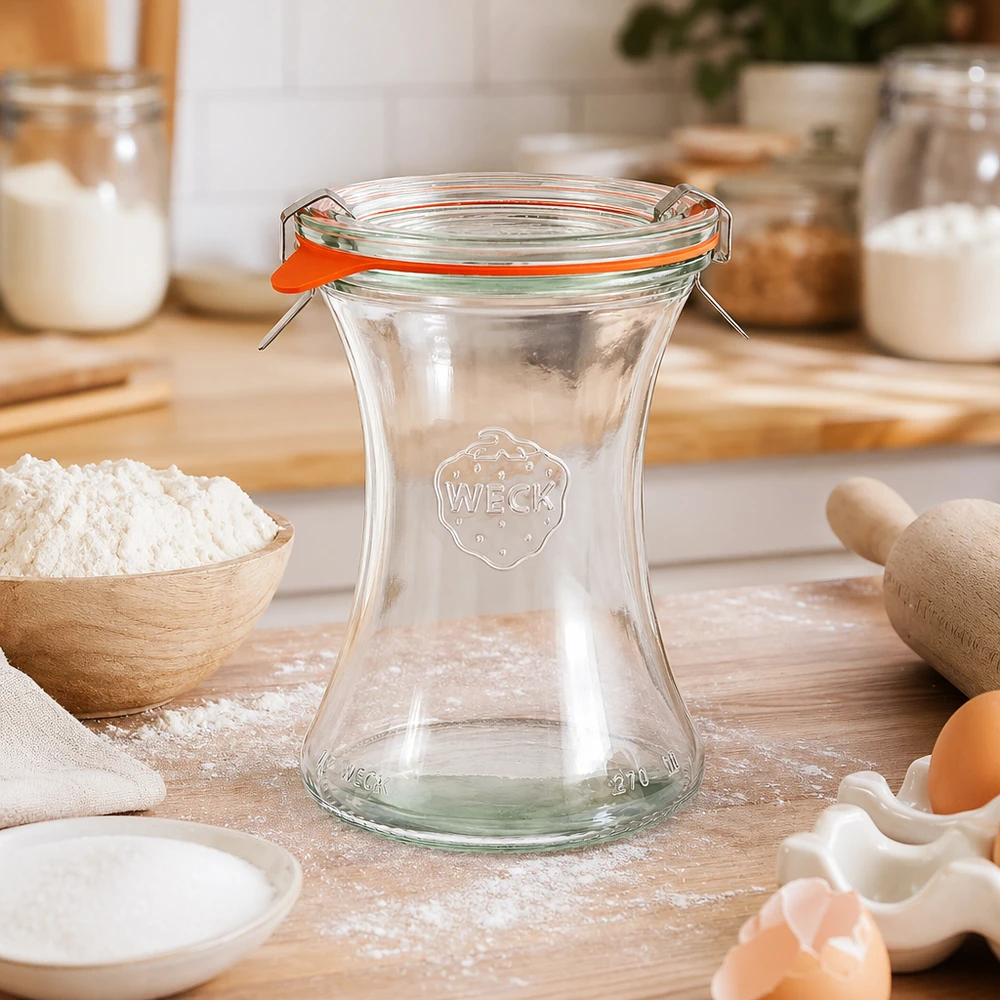 WECK delikatessburk 370ml RR80 tom i kök med bakingredienser mjöl ägg träredskap köksmiljö