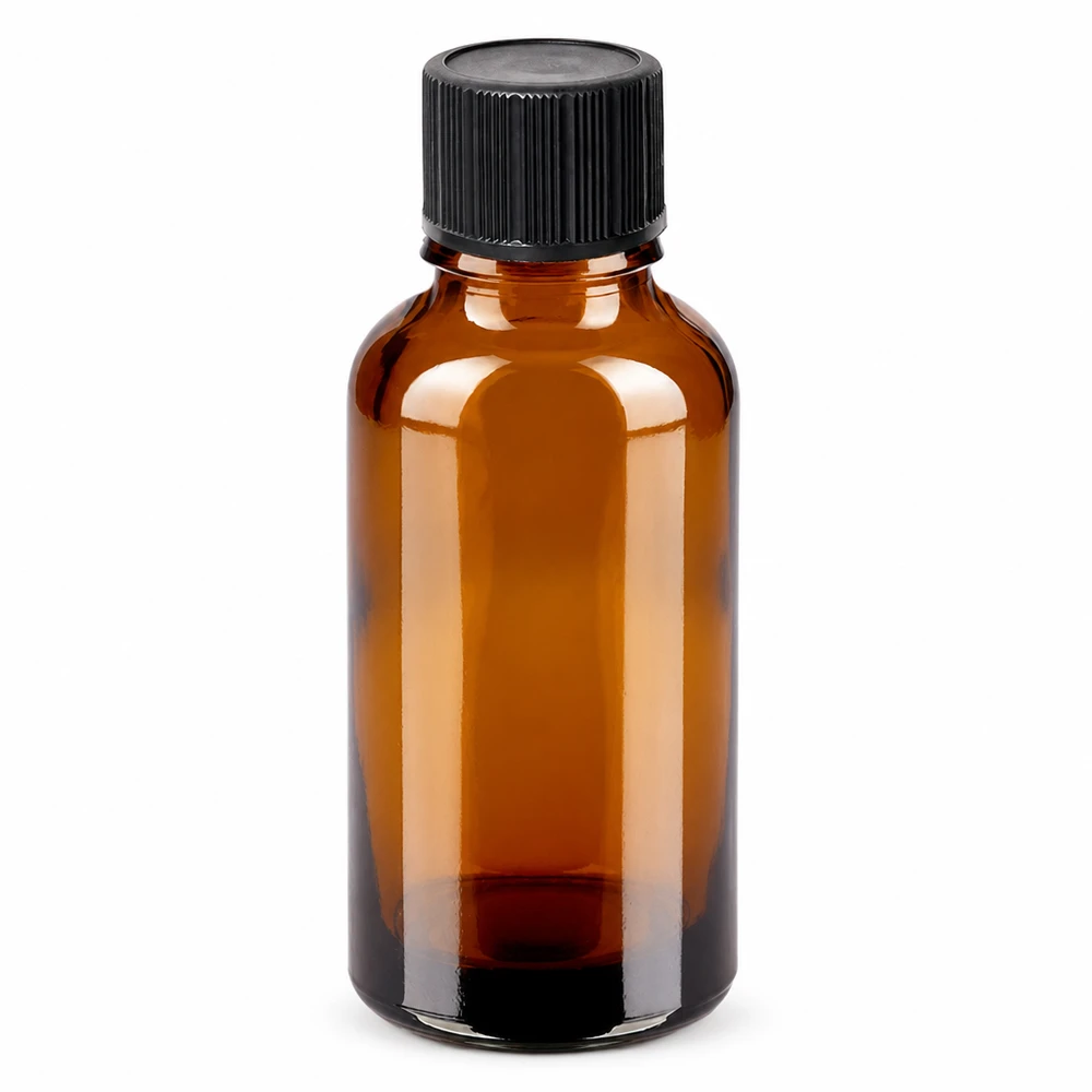 30 ml bärnstensfärgad glasflaska med svart dropplock för eteriska oljor och tinkturer