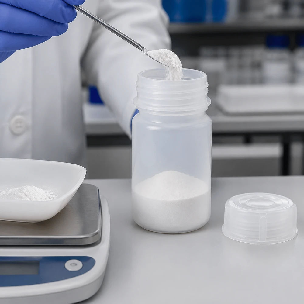 Laboratorieteknikern fyller en 50 ml plastflaska med vid hals med vitt pulver och en spatel