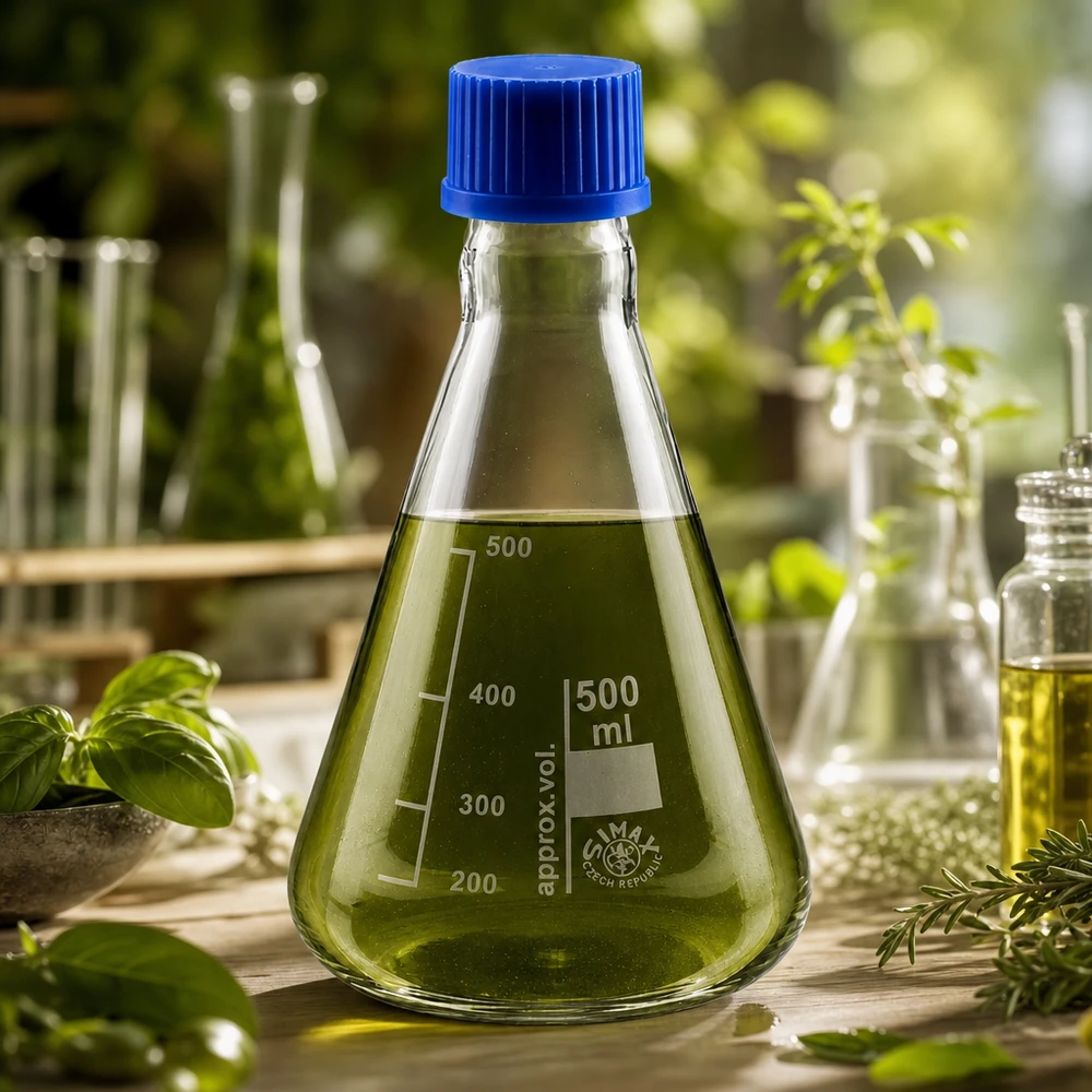 Erlenmeyerkolv 500ml med skruvkork Erlenmeyerkolv 500 ml med grön vätska och blått lock för experiment