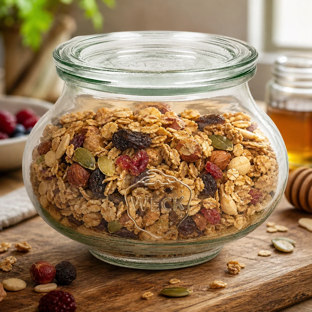 WECK dekorativ burk 560ml RR80 med hemlagad müsli nötter torkad frukt som förvaringsburk på ett träbord
