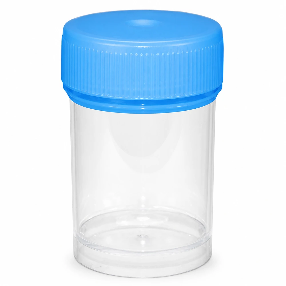 Genomskinlig plastburk på 20 ml med blå skruvlock, avsedd som provbehållare för medicinska prover