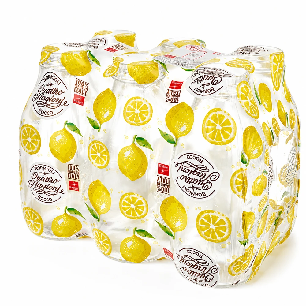 1000ml glasflaska "Quattro Stagioni" med lock Förpackning med 6 Quattro Stagioni glasflaskor 1000ml förpackade i folie, Bormioli Rocco mjölkflaskor med citronmotiv
