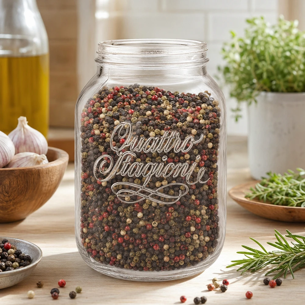 3000ml rund burk "Quattro Stagioni" QS110mm 3000 ml hushållsburk Quattro Stagioni fylld med färgglada pepparkorn i ett modernt kök med örter och kryddor