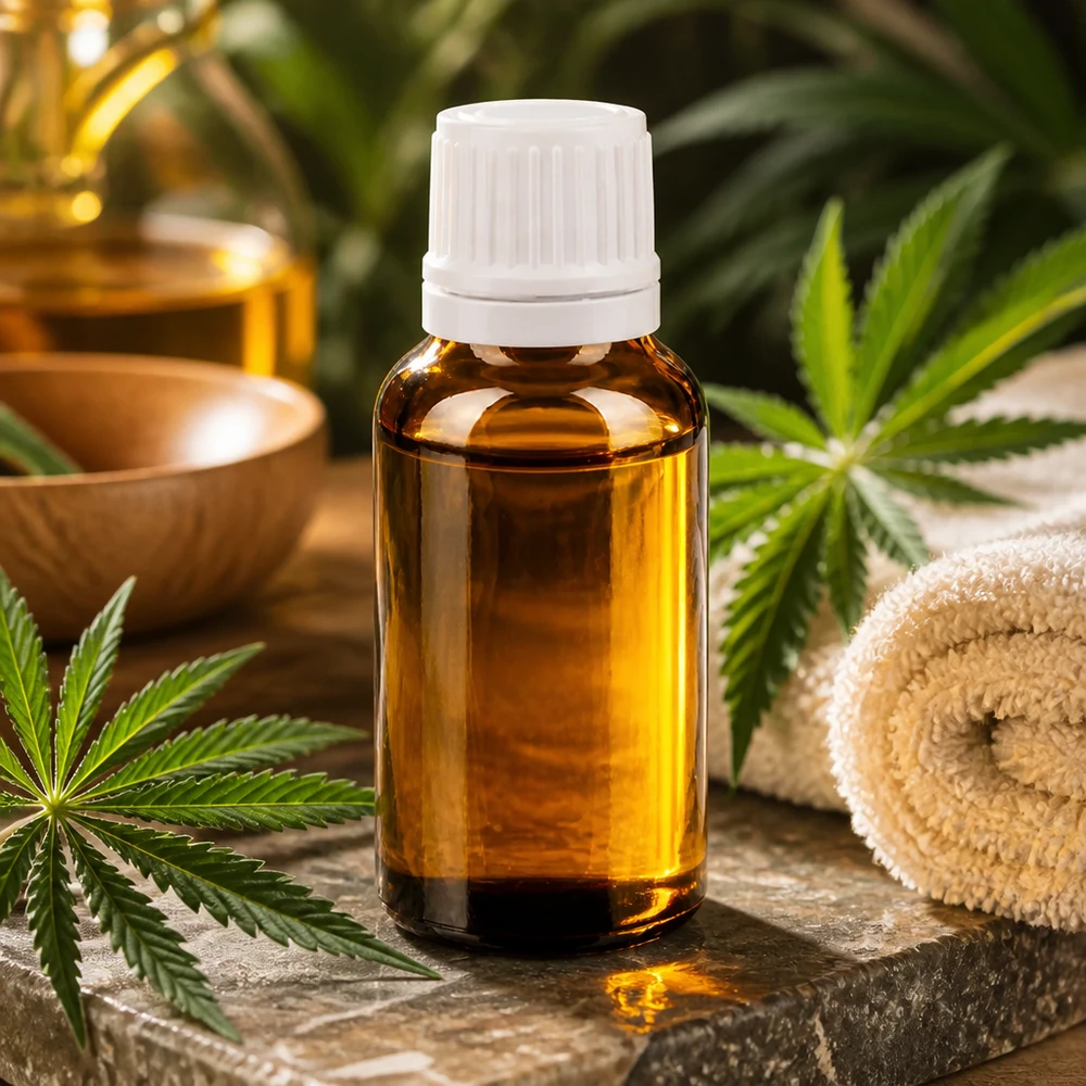 20 ml CBD-oljeflaska i brunt glas med vitt barnsäkert lock och cannabisblad