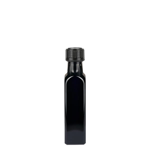 Fyrkantig violett glasflaska 250ml (oljeflaska), UNI 10155 31,5x24, inkl. svart skruvlock 103574 Fyrkantig violett glasflaska 250ml (oljeflaska), UNI 10155 31,5x24, inkl. svart skruvlock 103574