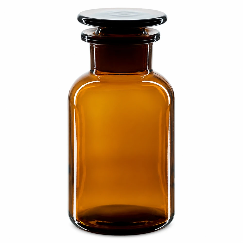 Brun rundskuldrad flaska, 250 ml, med glaspropp och vid hals, för laboratorier och apotek