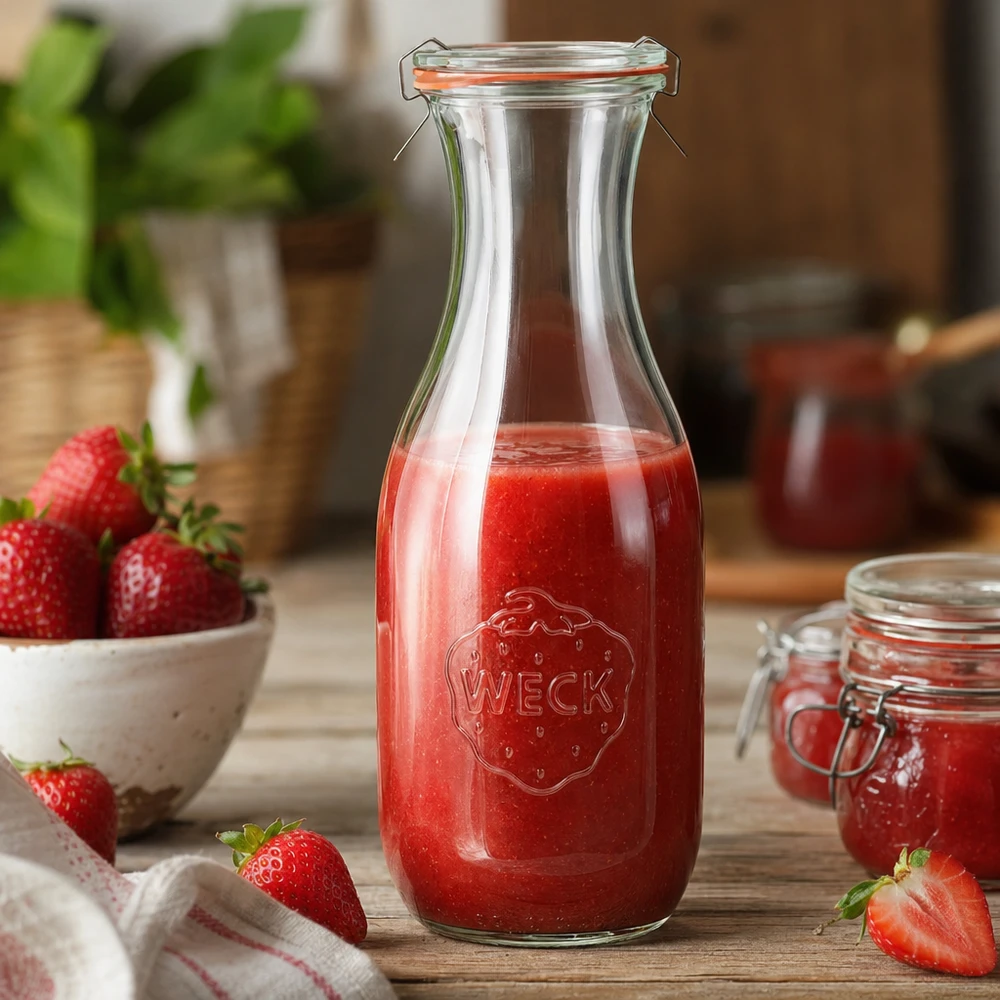 1062 ml juiceflaska komplett WECK RR60 WECK juiceflaska 1062ml RR60 fylld med röd jordgubbsjuice arrangerad dekorativt i köket med färska jordgubbar