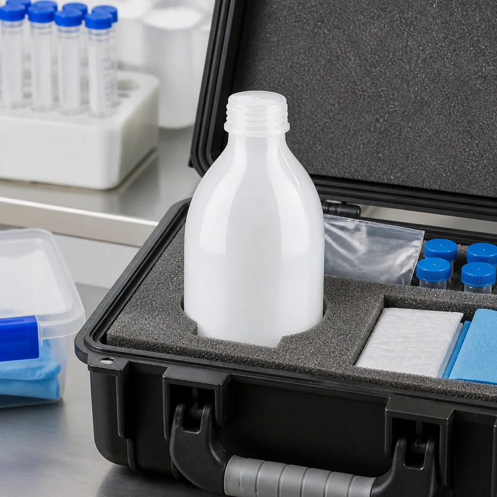 250ml laboratorieflaska med smal hals utan lock 250 ml laboratorieflaska med smal hals utan lock, förvarad i transportväska med skumplastinlägg