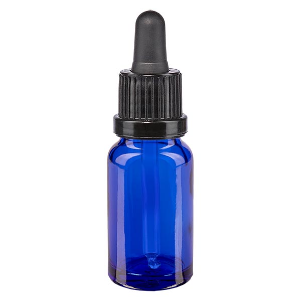 Blå apoteksflaska med pipett 10 ml svart/svart VO Blå apoteksflaska med pipett 10 ml svart/svart VO